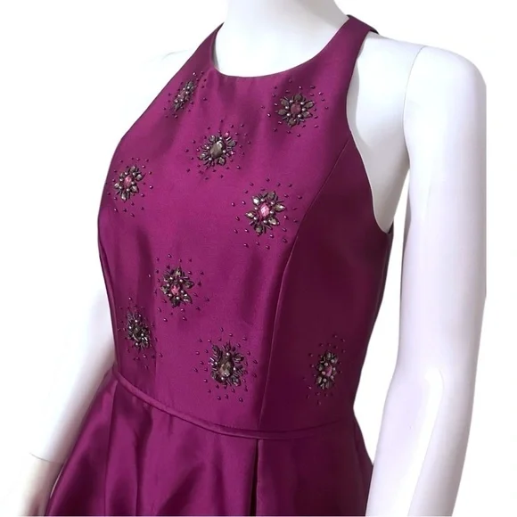 Adrianna Papell Embellished Satin Fit & Flare Dress Size 8 - Rich Plum - Picture 2 of 5